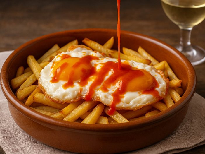 Huevos rotos con patatas y salsa brava