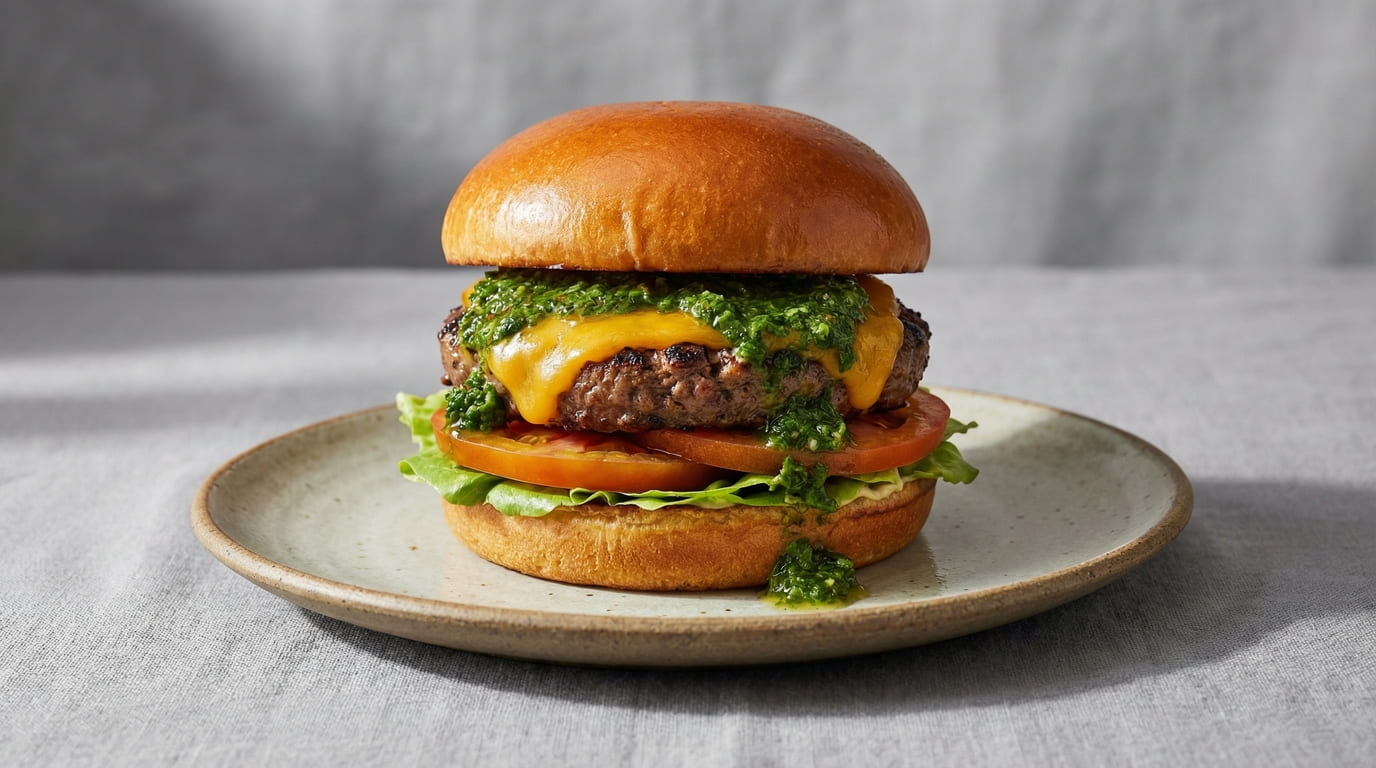 Hamburguesa casera con Salsa Chimichurri Montealbor y queso fundido